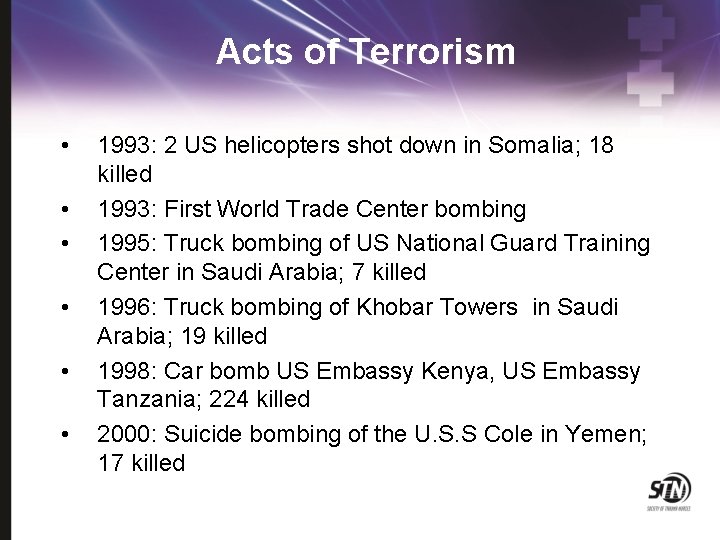 Acts of Terrorism • • • 1993: 2 US helicopters shot down in Somalia;