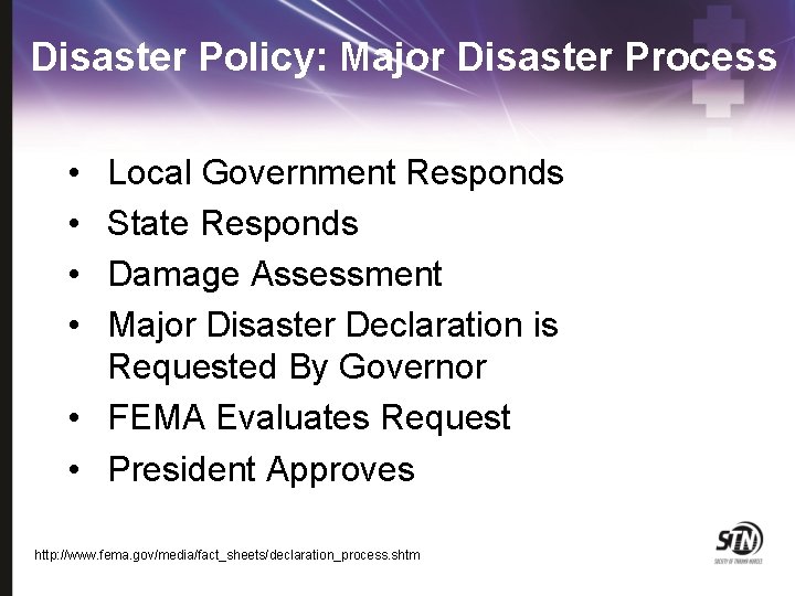 Disaster Policy: Major Disaster Process • • Local Government Responds State Responds Damage Assessment