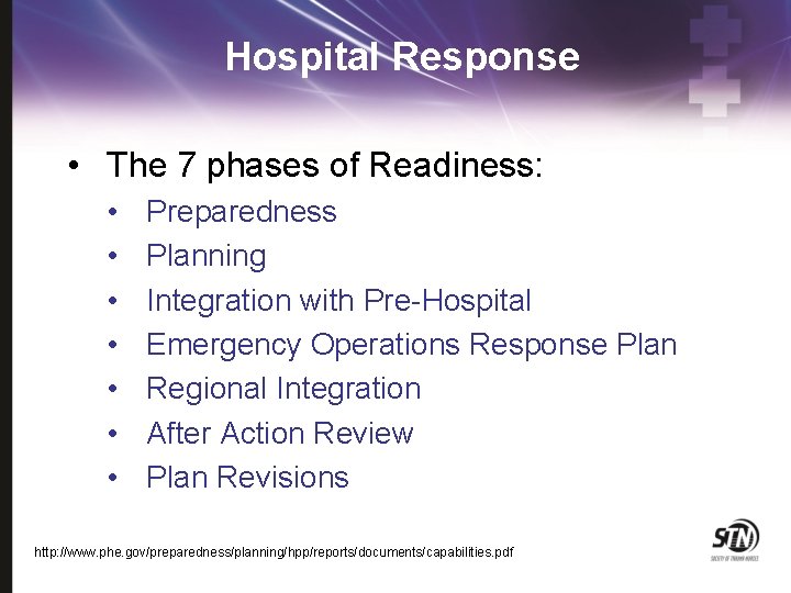 Hospital Response • The 7 phases of Readiness: • • Preparedness Planning Integration with