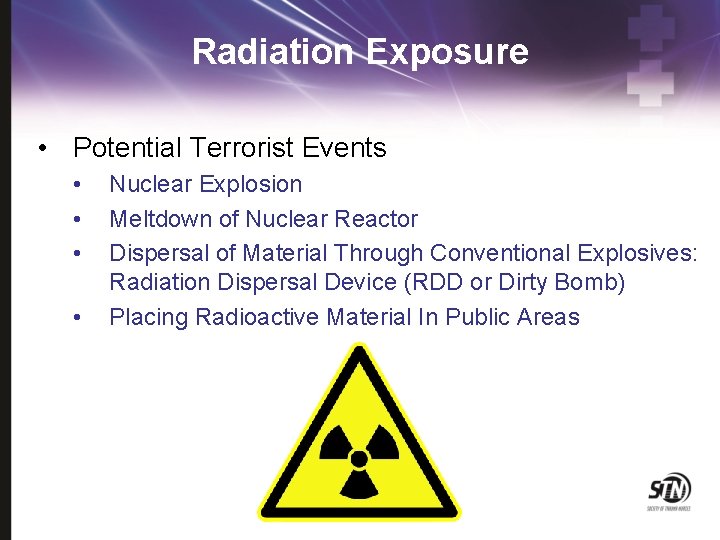 Radiation Exposure • Potential Terrorist Events • • Nuclear Explosion Meltdown of Nuclear Reactor