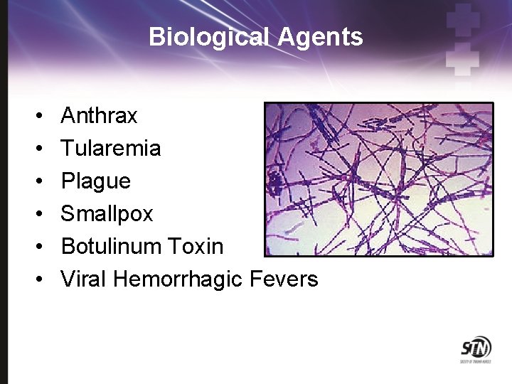 Biological Agents • • • Anthrax Tularemia Plague Smallpox Botulinum Toxin Viral Hemorrhagic Fevers