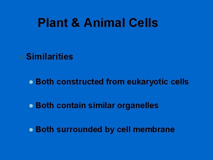 Plant & Animal Cells ¢ Similarities l Both constructed from eukaryotic cells l Both