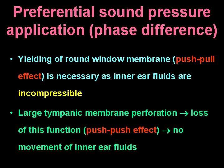 Preferential sound pressure application (phase difference) • Yielding of round window membrane (push-pull effect)