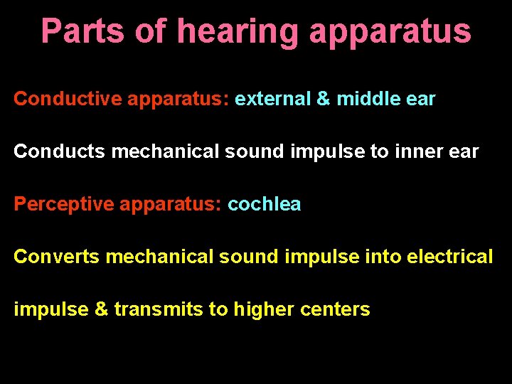 Parts of hearing apparatus Conductive apparatus: external & middle ear Conducts mechanical sound impulse