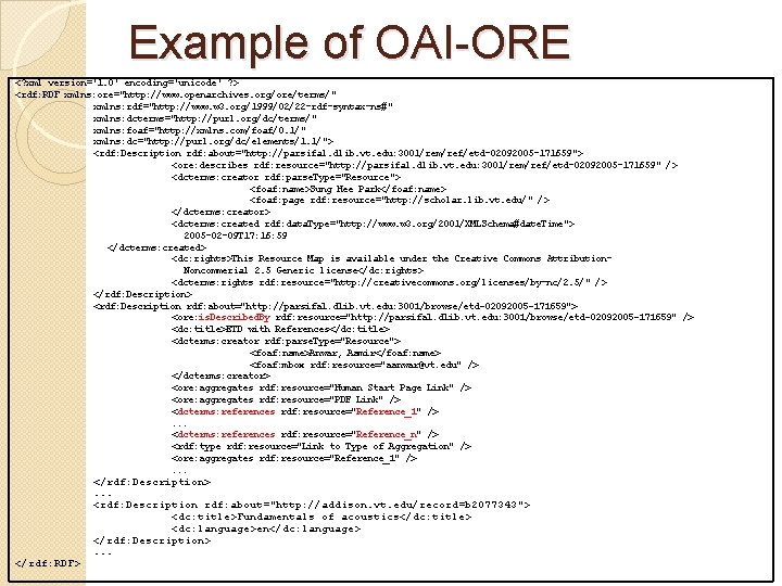 Example of OAI-ORE <? xml version='1. 0' encoding='unicode' ? > <rdf: RDF xmlns: ore="http: