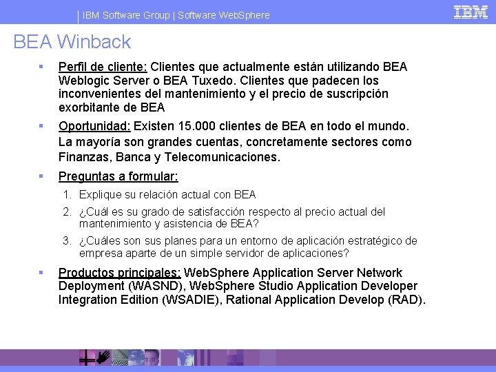 IBM Software Group | Software Web. Sphere BEA Winback § Perfil de cliente: Clientes