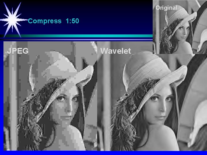 Original Compress 1: 50 JPEG Wavelet 