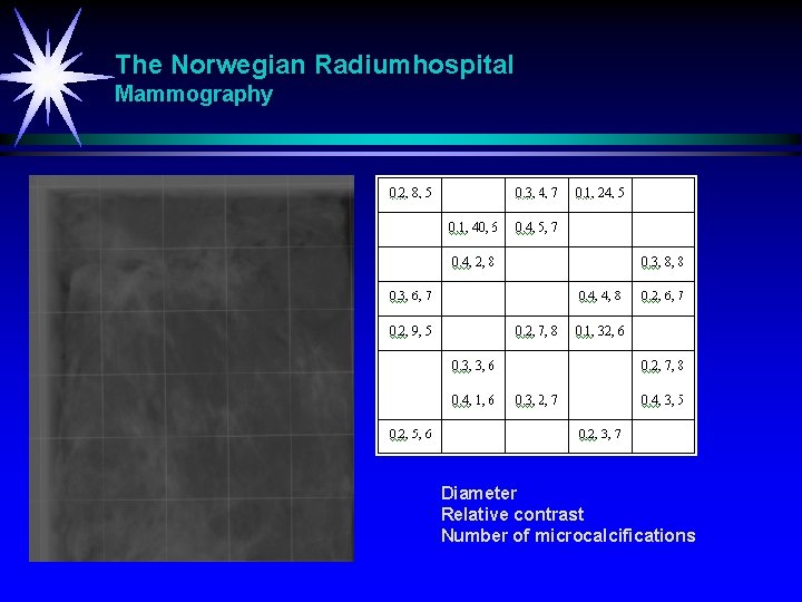 The Norwegian Radiumhospital Mammography Diameter Relative contrast Number of microcalcifications 
