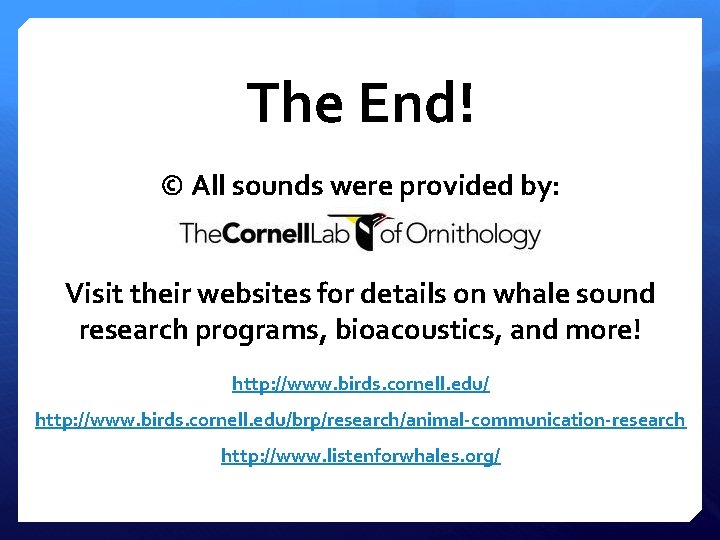 The End! © All sounds were provided by: Visit their websites for details on