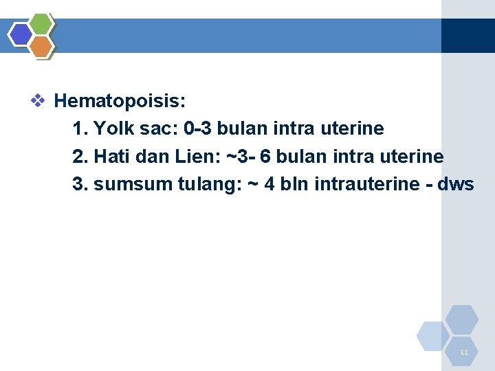 v Hematopoisis: 1. Yolk sac: 0 -3 bulan intra uterine 2. Hati dan Lien: