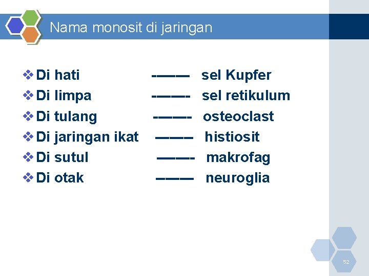 Nama monosit di jaringan v Di hati ---- sel Kupfer v Di limpa ----