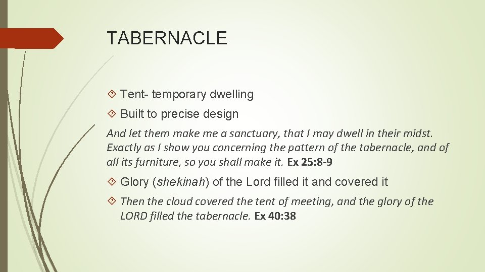 TABERNACLE Tent- temporary dwelling Built to precise design And let them make me a