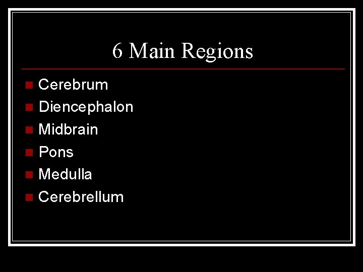6 Main Regions Cerebrum n Diencephalon n Midbrain n Pons n Medulla n Cerebrellum