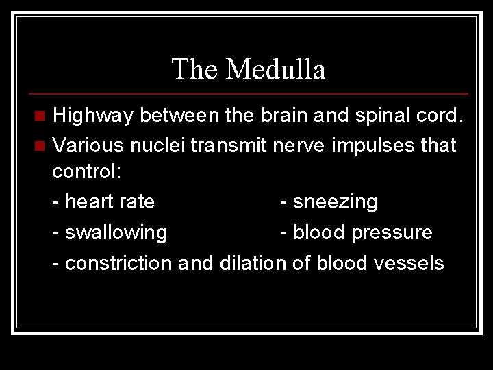 The Medulla Highway between the brain and spinal cord. n Various nuclei transmit nerve
