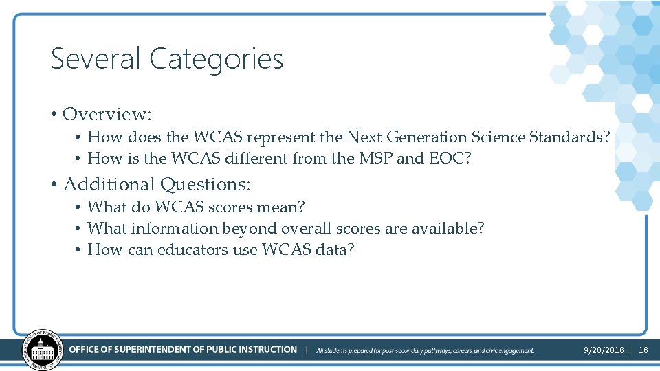 Several Categories • Overview: • How does the WCAS represent the Next Generation Science