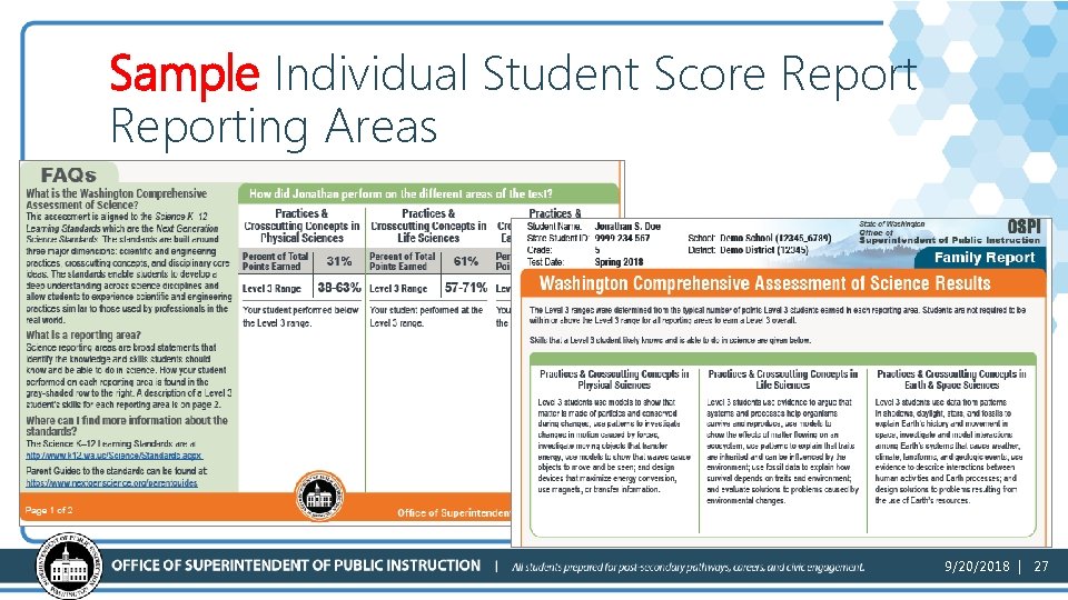 Sample Individual Student Score Reporting Areas (part 2) 9/20/2018 | 27 
