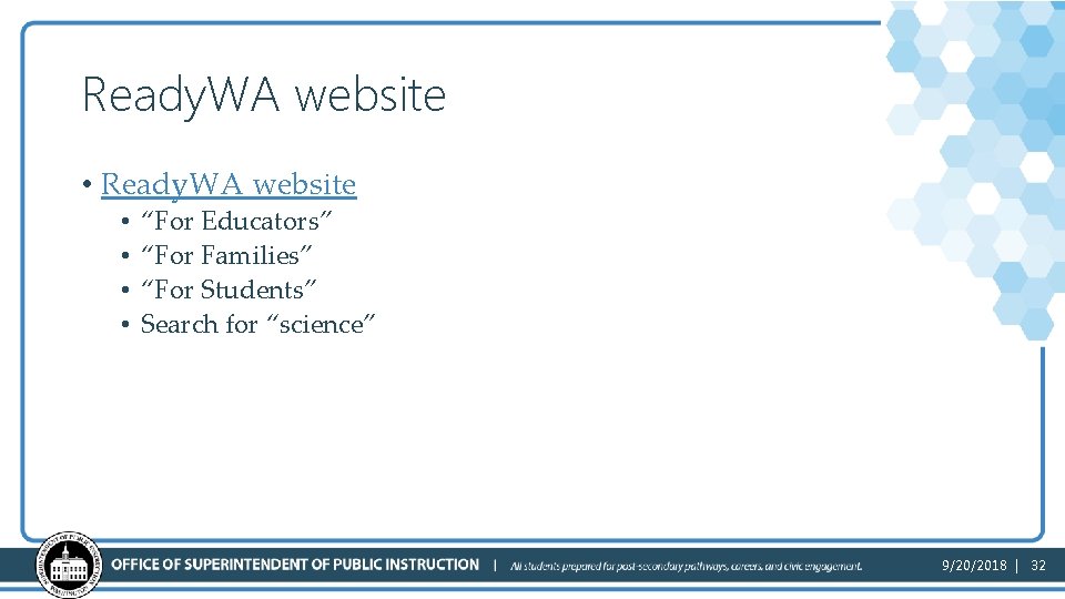 Ready. WA website • • “For Educators” “For Families” “For Students” Search for “science”