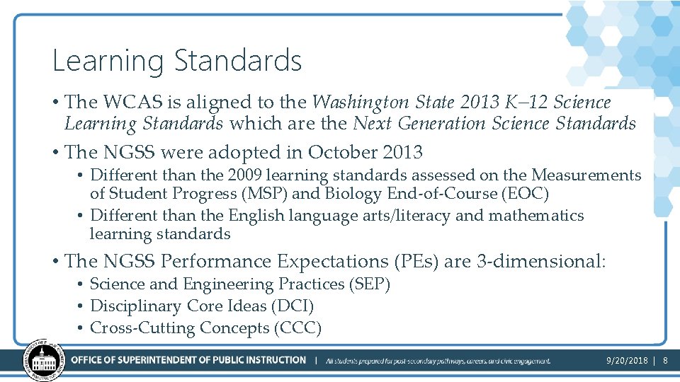 Learning Standards • The WCAS is aligned to the Washington State 2013 K– 12