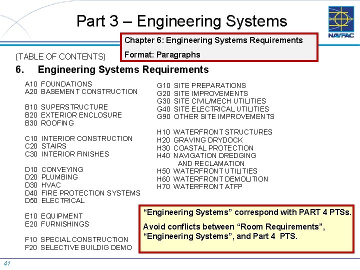 Part 3 – Engineering Systems Chapter 6: Engineering Systems Requirements (TABLE OF CONTENTS) 6.