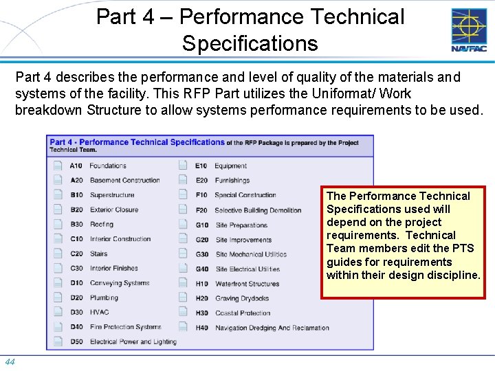 Part 4 – Performance Technical Specifications Part 4 describes the performance and level of