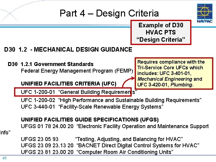 Part 4 – Design Criteria Example of D 30 HVAC PTS “Design Criteria” D