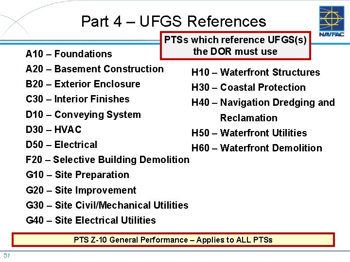 Part 4 – UFGS References A 10 – Foundations PTSs which reference UFGS(s) the