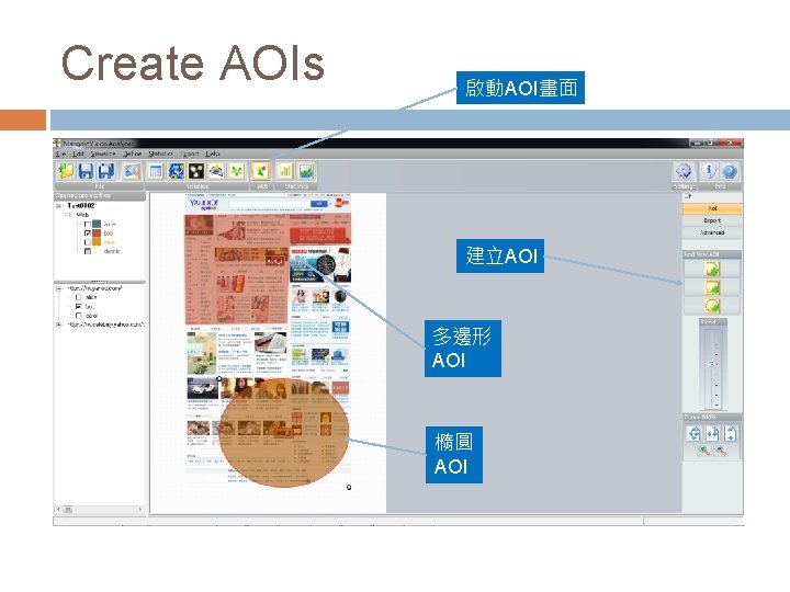 Create AOIs 啟動AOI畫面 建立AOI 多邊形 AOI 橢圓 AOI Create AOIs 啟動AOI畫面 建立AOI 多邊形 AOI 橢圓 AOI