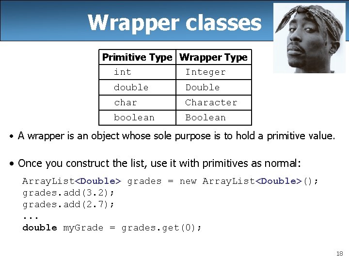 Wrapper classes Primitive Type Wrapper Type int Integer double Double char Character boolean Boolean Wrapper classes Primitive Type Wrapper Type int Integer double Double char Character boolean Boolean