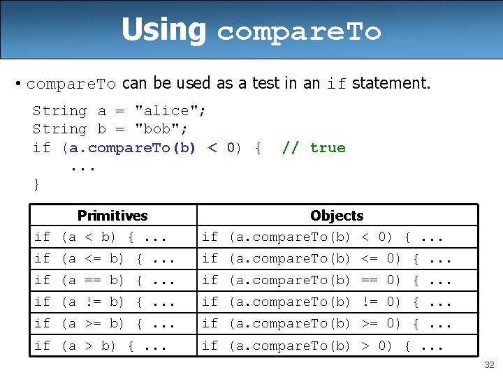 Using compare. To • compare. To can be used as a test in an Using compare. To • compare. To can be used as a test in an