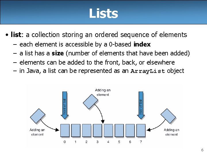 Lists • list: a collection storing an ordered sequence of elements – – each Lists • list: a collection storing an ordered sequence of elements – – each