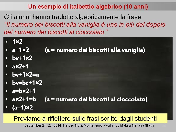 Un esempio di balbettio algebrico (10 anni) Gli alunni hanno tradotto algebricamente la frase: