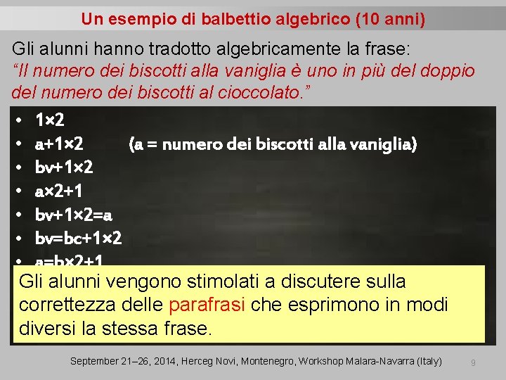 Un esempio di balbettio algebrico (10 anni) Gli alunni hanno tradotto algebricamente la frase: