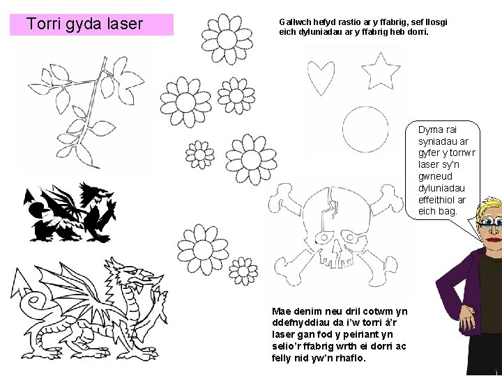 Torri gyda laser Gallwch hefyd rastio ar y ffabrig, sef llosgi eich dyluniadau ar