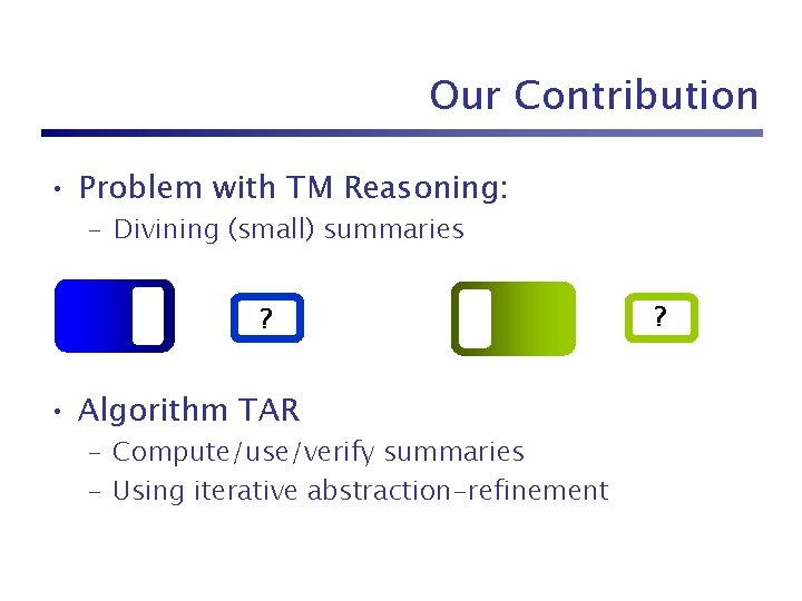 Our Contribution • Problem with TM Reasoning: – Divining (small) summaries ? • Algorithm