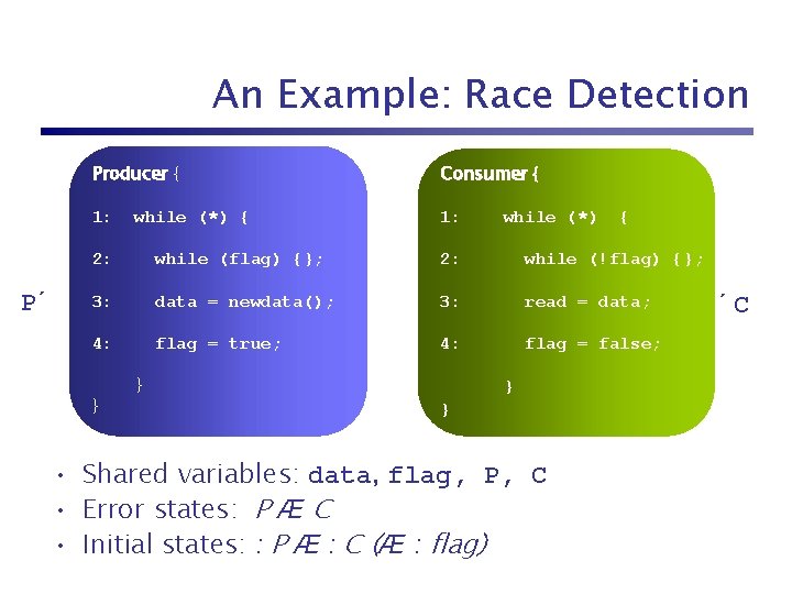 An Example: Race Detection P´ Producer { Consumer { 1: while (*) { 2: