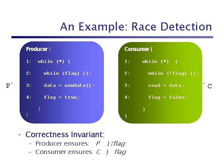 An Example: Race Detection P´ Producer { Consumer { 1: while (*) { 2: