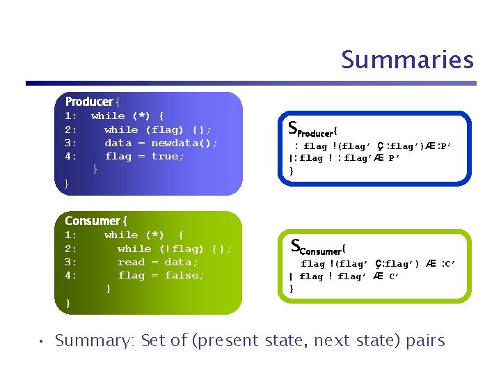 Summaries Producer { 1: while (*) { 2: while (flag) {}; 3: data =