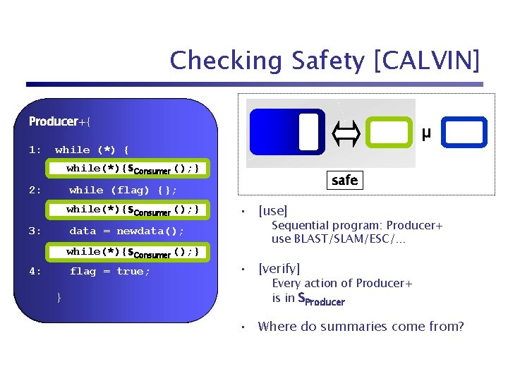 Checking Safety [CALVIN] Producer+{ Producer { 1: µ while (*) { while(*){s. Consumer ();