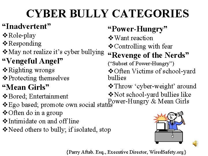 CYBER BULLY CATEGORIES “Inadvertent” “Power-Hungry” v. Role-play v. Want reaction v. Responding v. Controlling