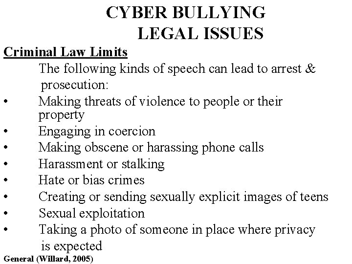 CYBER BULLYING LEGAL ISSUES Criminal Law Limits The following kinds of speech can lead