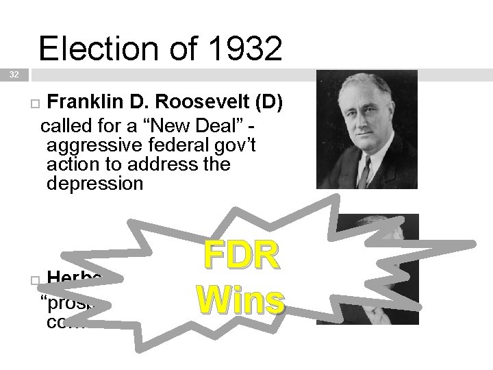 Election of 1932 32 Franklin D. Roosevelt (D) called for a “New Deal” aggressive
