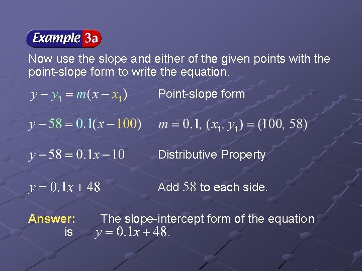 Now use the slope and either of the given points with the point-slope form Now use the slope and either of the given points with the point-slope form