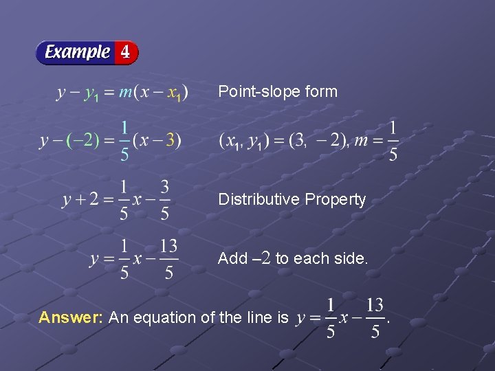Point-slope form Distributive Property Add – 2 to each side. Answer: An equation of Point-slope form Distributive Property Add – 2 to each side. Answer: An equation of