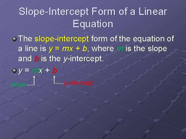 Slope-Intercept Form of a Linear Equation The slope-intercept form of the equation of a Slope-Intercept Form of a Linear Equation The slope-intercept form of the equation of a