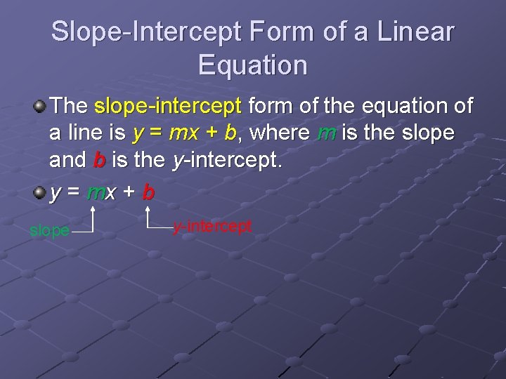 Slope-Intercept Form of a Linear Equation The slope-intercept form of the equation of a