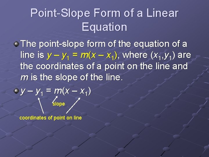 Point-Slope Form of a Linear Equation The point-slope form of the equation of a Point-Slope Form of a Linear Equation The point-slope form of the equation of a