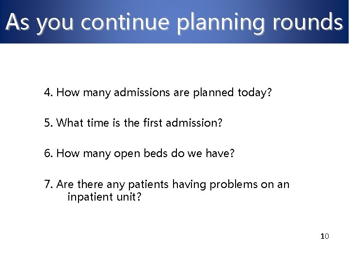 As you continue planning rounds 4. How many admissions are planned today? 5. What