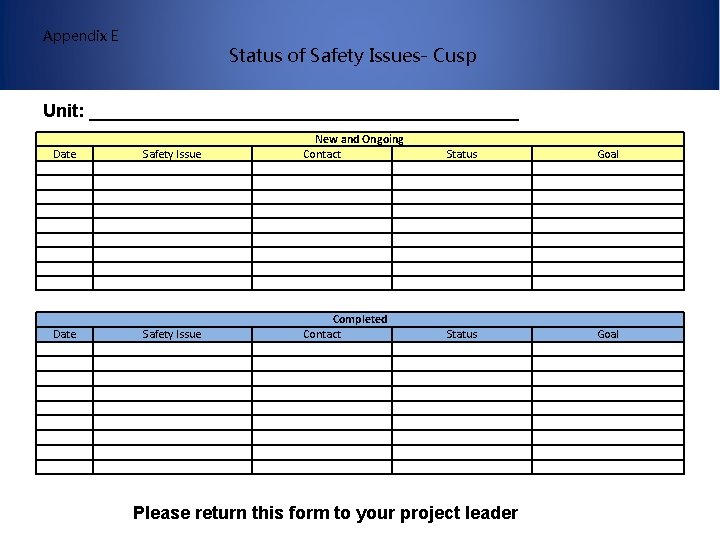 Appendix E Status of Safety Issues- Cusp Unit: ______________________ Date Safety Issue New and