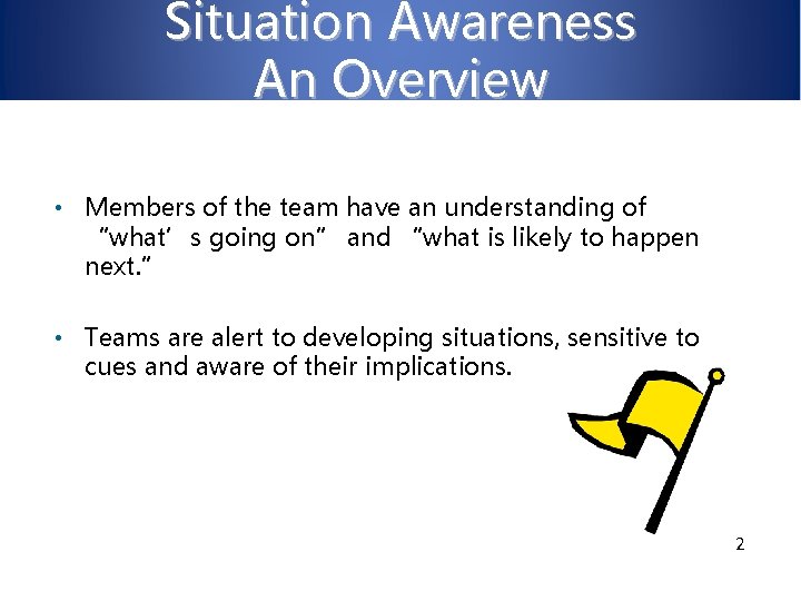 Situation Awareness An Overview • Members of the team have an understanding of “what’s