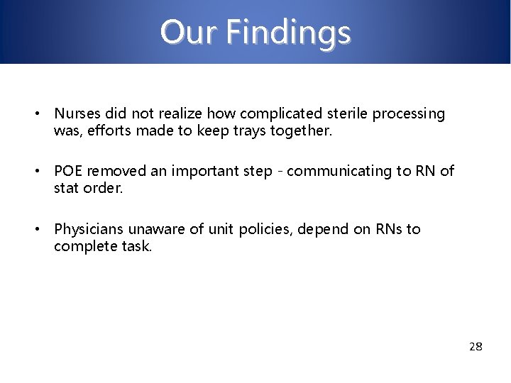 Our Findings • Nurses did not realize how complicated sterile processing was, efforts made